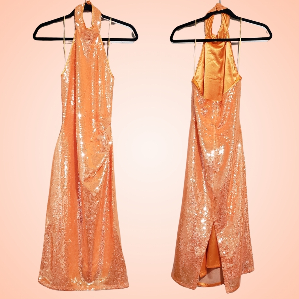 CAROLINE CONSTAS Halter Sequin Dress Midi Fully Lined Small Orange NWT 🧡